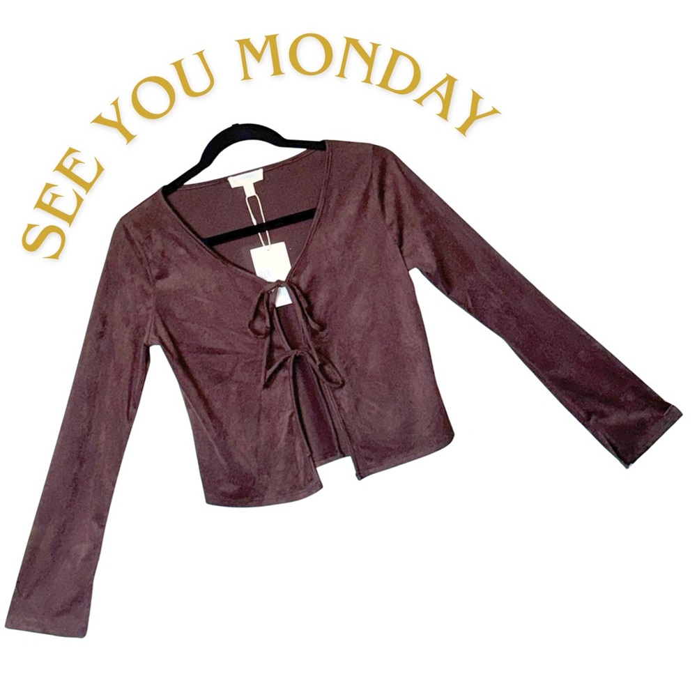 See You Monday Women's Brown Velvet-like Tie Front Long Sleeve Crop Top NWT - Picture 2 of 9